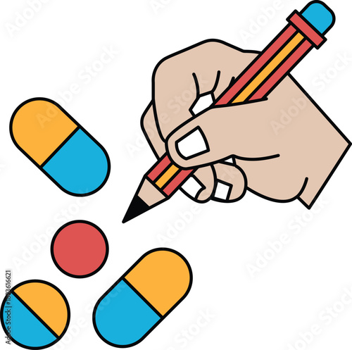 A hand is drawing a pill with a pencil