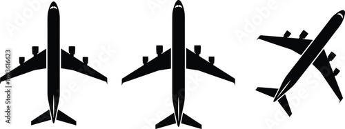 Black airplane silhouettes set, passenger aircraft icons from top view, commercial jet plane vector illustrations for aviation and travel design,