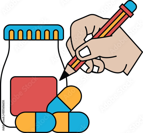 A hand is drawing on a jar of pills