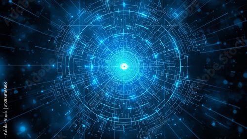 Futuristic blue circuit board with glowing center and radial lines