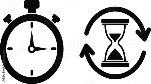 Modern vector icons for time management, showcasing a precise stopwatch and a continuous cycle hourglass for efficient task tracking