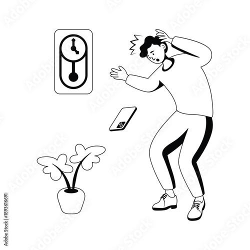 Creatively crafted glyph style illustration of man accidentally dropping his phone