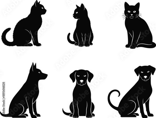 Black cat and dog silhouettes set, sitting pets icons for veterinary clinics, animal rescue logo elements, domestic animal vector illustrations,