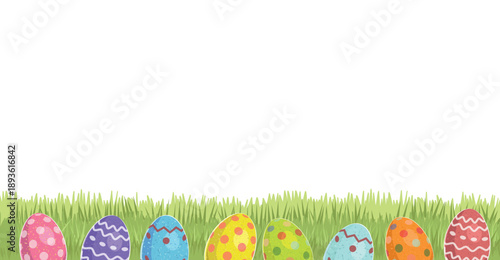 Easter banner. Colored eggs hang on strings and lie hidden in the grass.  Border colored eggs frameHappy Easter.