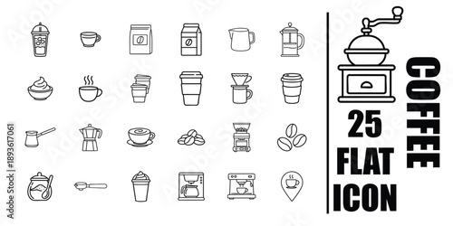 Black and white coffee icons set with cups beans grinders makers and takeaway drinks line vector illustration