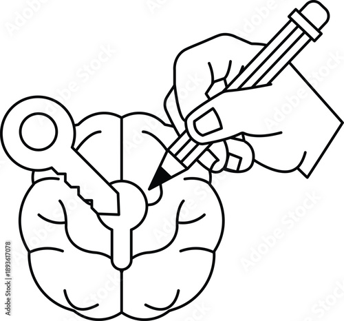 A person is drawing a brain with a key in it