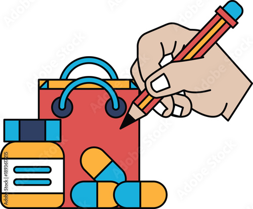 A hand is writing on a red bag with a pencil