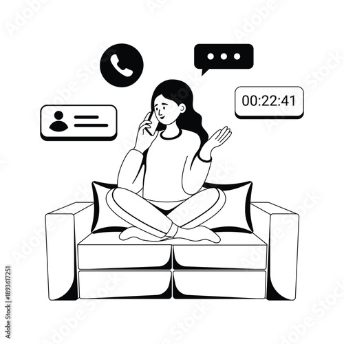 Woman talking on smartphone sitting on couch glyph illustration