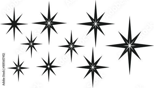 Dynamic collection of sleek starburst graphic elements, ideal for adding a touch of festive sparkle and shine to any design project