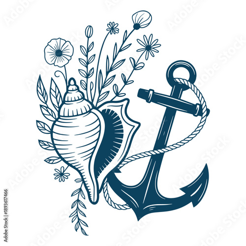 Nautical Anchor with Floral Decoration Illustration