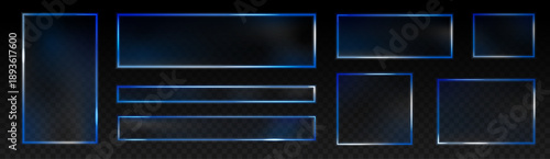 Transparent glass squares and rectangles float over checkered backgrounds with subtle reflections. Neon blue edges enhance futuristic aesthetics. Perfect for UI, buttons, and digital banners.