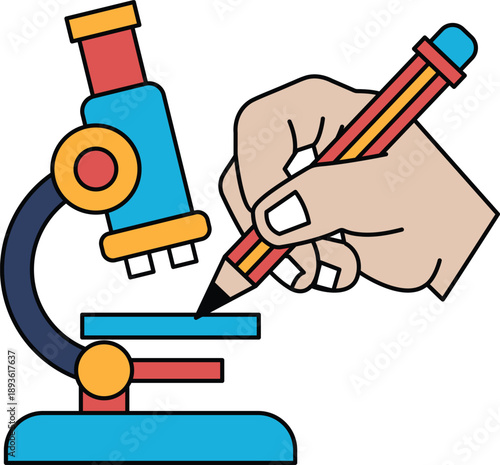 A hand is drawing on a microscope