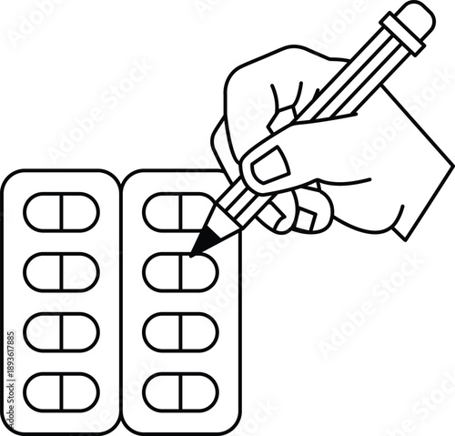 A person is writing on a pill bottle with a pencil