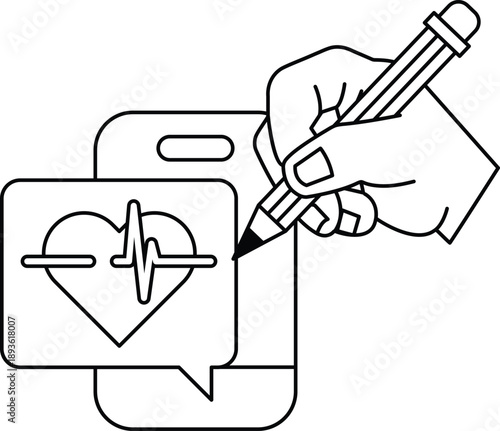 A hand is writing on a phone with a heart and a line