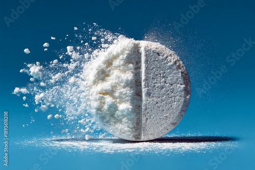 Pill cut in half revealing fine powder against a blue background Generative AI
