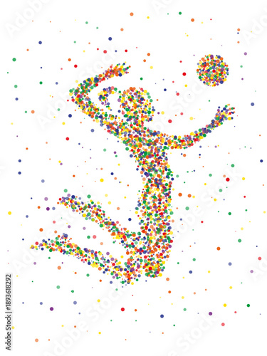 Womens beach volleyball. An outline of a volleyball player with a ball drawn with colored circles. Sports poster.