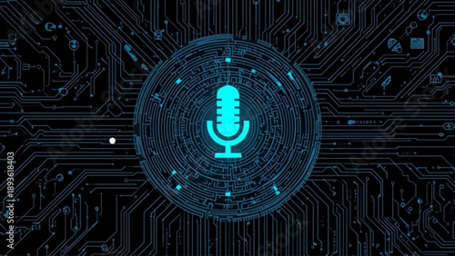 Modern microphone icon on circuit board background for tech podcast or voice assistant