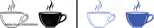 hot coffee and tea cup icons isolated on white background, black and blue vector illustration of steaming beverage mug.