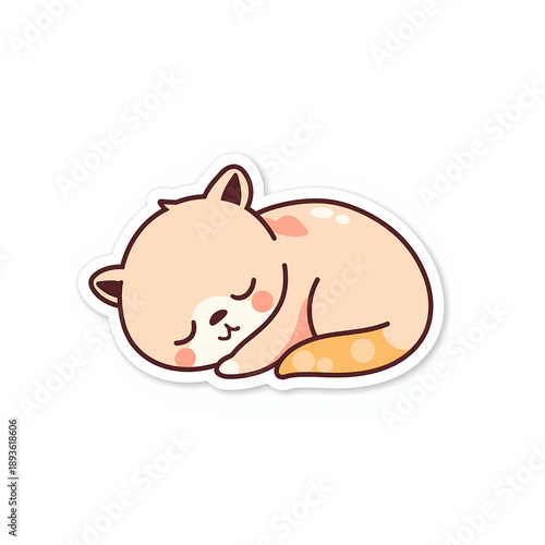 Sleeping Kitten Illustration: A cute, stylized kitten is curled up asleep, its eyes closed peacefully. The illustration features soft colors and a gentle expression.