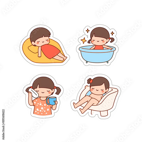 Relaxing Rituals: A compilation of adorable cartoon illustrations portrays a child engaged in various moments of relaxation, each highlighting simple self-care routines. 
