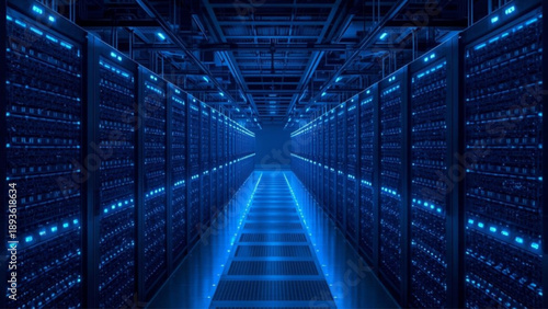 Futuristic server room with glowing blue servers and data storage racks