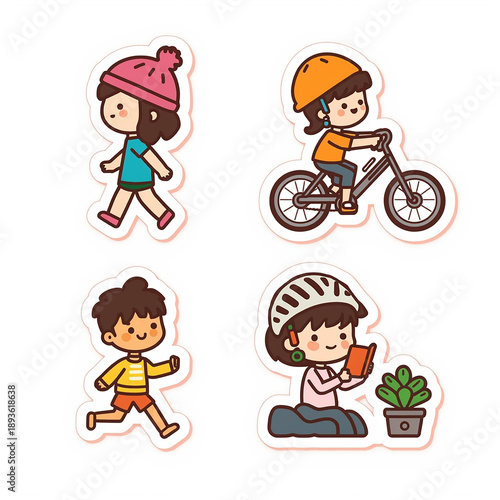 Active Daily Activities: A series of cute illustrated stickers, depicting children engage in various outdoor and indoor activities, embodying the spirit of playfulness. 