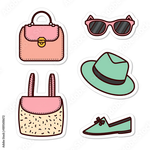 Fashion Essentials: A vibrant collection of fashion accessories, including a stylish handbag, sunglasses, a chic fedora hat, and a pair of fashionable shoes, embodying contemporary trends.