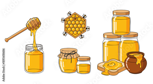Collection of delicious honey jars dipper honeycomb and sweet breakfast toast illustrations