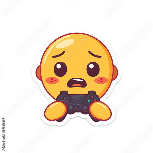 Emoticon's Gaming Predicament: Capturing a cartoon emoji in a state of distress, as it clutches a game controller with a look of worry and concentration.