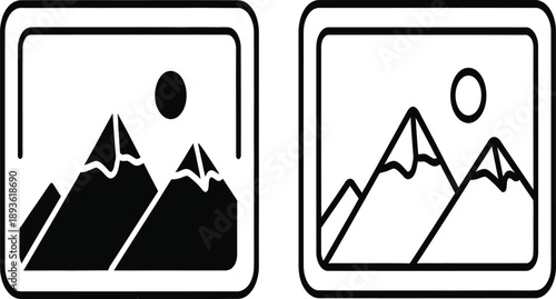 Two distinct artistic representations of a mountainous landscape, one solid and the other outlined