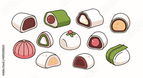 Collection of delicious traditional japanese mochi sweets featuring various fillings and colorful dough designs