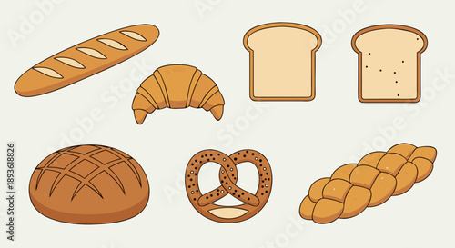 Collection of assorted freshly baked bread items featuring a baguette croissant and pretzel illustrations