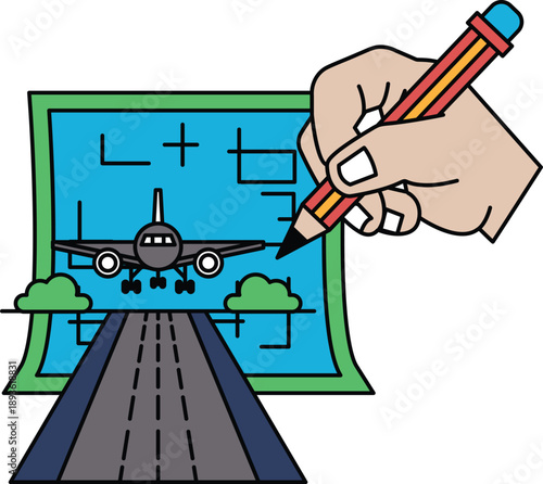 A hand is drawing an airplane on a road