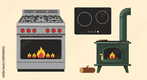 Collection of different cooking appliances including a modern stove a cooktop and a wood burner
