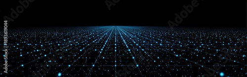 Infinite digital grid of glowing blue nodes receding into darkness