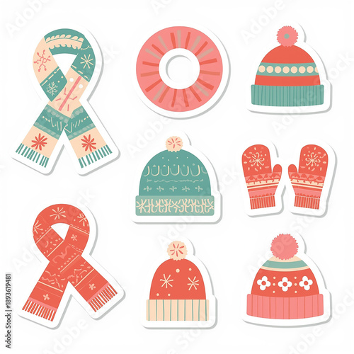 Winter Apparel Stickers: A set of charming winter apparel stickers, featuring hats, scarves, and mittens. These illustrations capture the essence of cozy winter fashion and accessories.