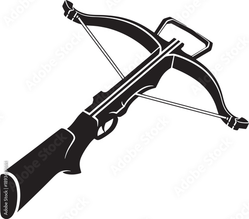 Black and white sketched of a crossbow with an arrow nocked and ready to shoot