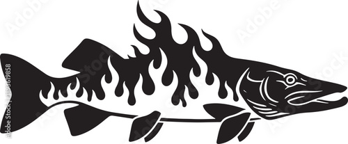 Black and white sketched of a fish with flames on its body and tail sketched fish aquatic