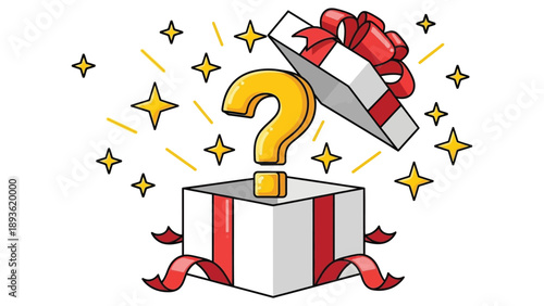 Unboxing a mysterious golden question mark from a beautifully wrapped gift box illustration