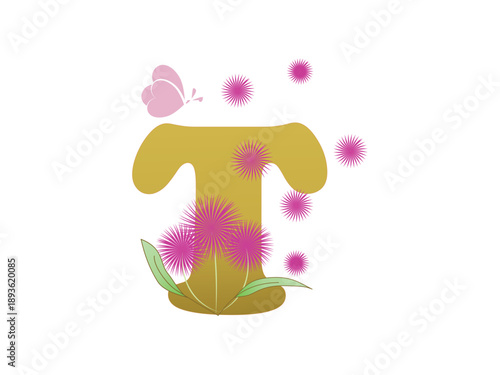 Golden letter T typography decorated with delicate pink dandelion flowers and pink butterflies, creating a soft, elegant, and dreamy floral design.Perfect for branding, logo design,wedding invitations