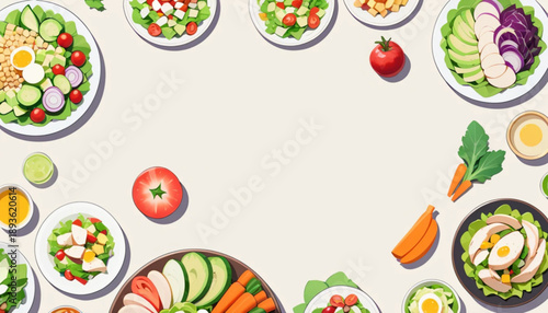 Salad themed presentation background illustration, large empty space in the center 