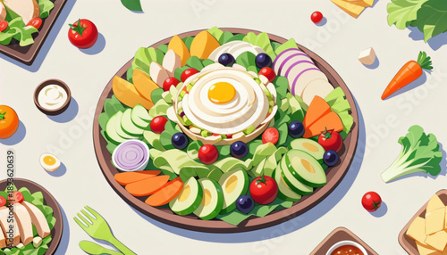 Salad themed presentation background illustration, large empty space in the center 