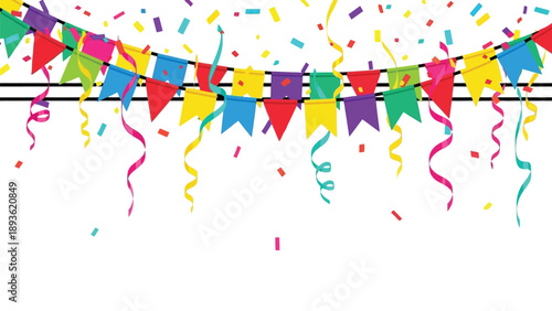 Colorful celebration bunting flags with falling confetti and streamers