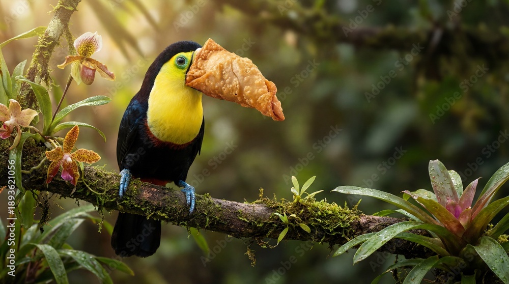 Fototapeta premium Surreal Toucan Bird with Crispy Fried Samosa Pastry Beak Perched in Tropical Jungle