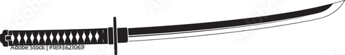 Black and white sketched of a traditional Japanese katana sword with a detailed handle