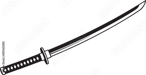 Black and white sketched of a traditional Japanese sword with a curved blade and tsuba katana