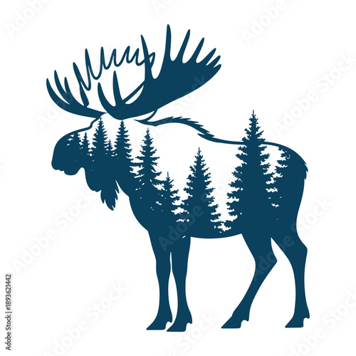 Moose Silhouette with Forest Double Exposure Illustration