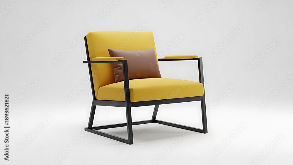 Obraz premium Modern yellow armchair with black metal frame and brown pillow on white background viewed from the side
