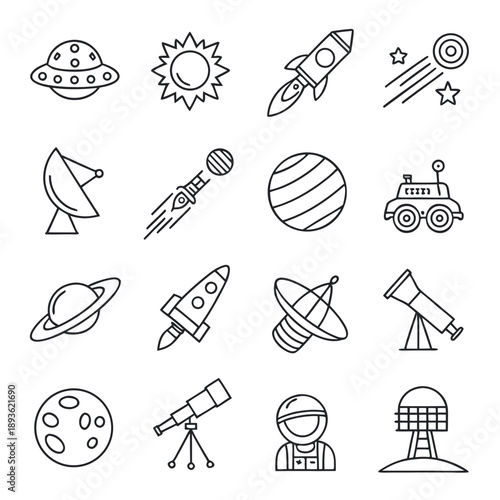 A collection of linear icons depicting various space elements including planets rockets and extraterrestrial technology high quality professional detailed