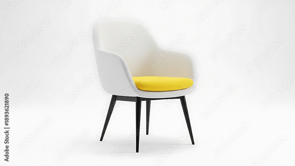 Fototapeta premium Modern chair with yellow cushion on black legs in a minimalist white setting viewed from the side